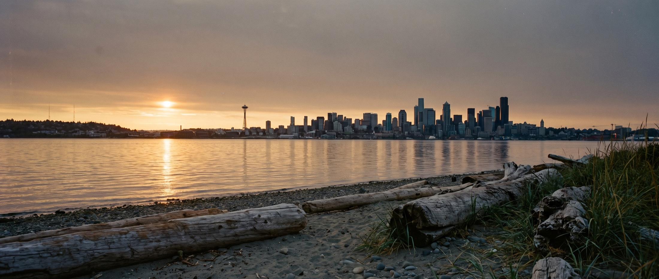 Driftwood logs on a pebbly beach in the foreground, calm water of Elliott Bay, and the downtown Seattle skyline and Space Needle in silhouette under a hazy sunset
