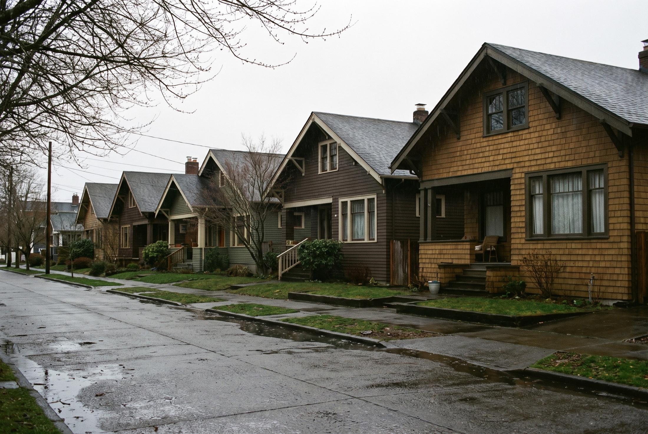 A row of early 1900s craftsman bungalows with gabled roofs, shingle siding and front porches along a wet residential street under an overcast sky