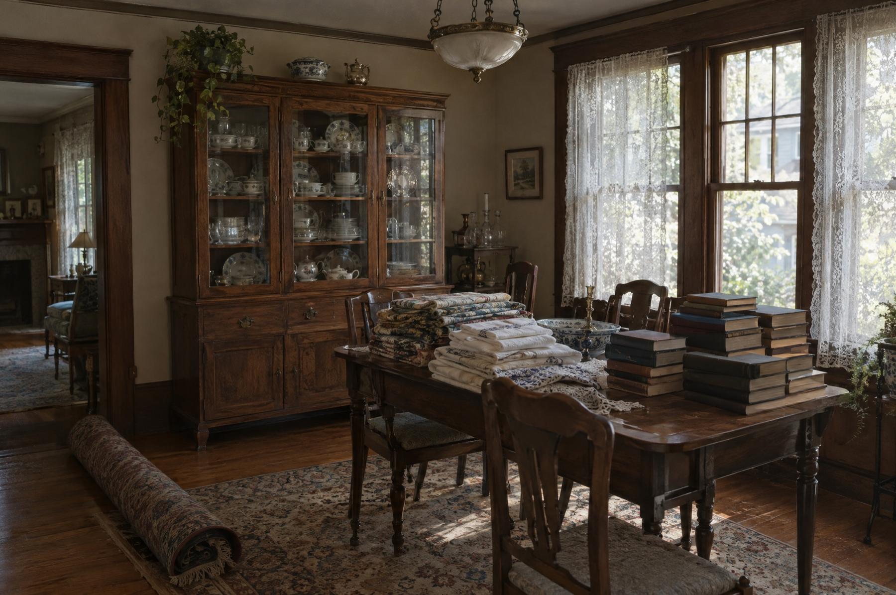 A dark wood dining room in an older house, a glass-front china hutch full of dishes, folded linens and stacks of old books sorted on the table, a rolled rug on the floor and afternoon light through lace curtains