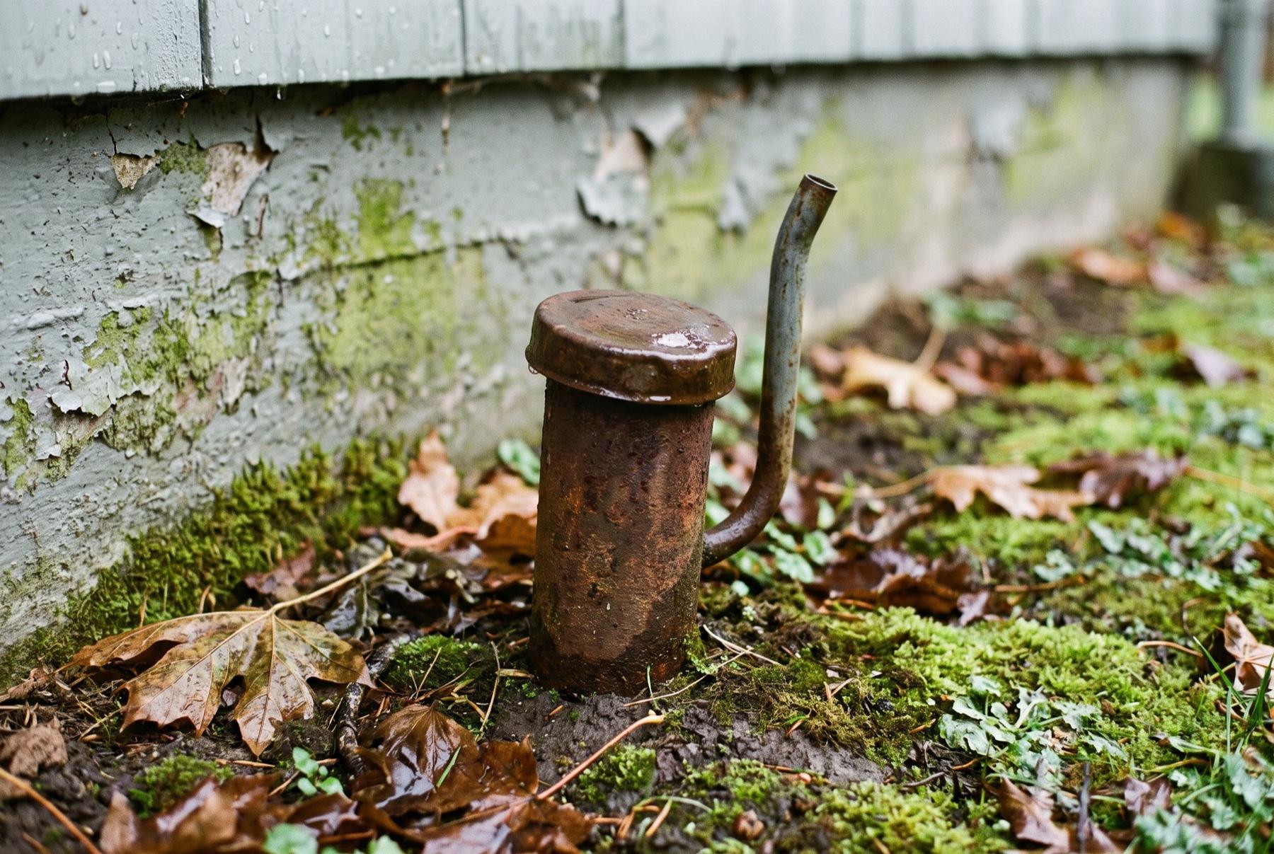 A rusted heating oil fill pipe with a round cap and a bent vent pipe rising from mossy ground beside the peeling painted foundation of an old house, wet maple leaves around it