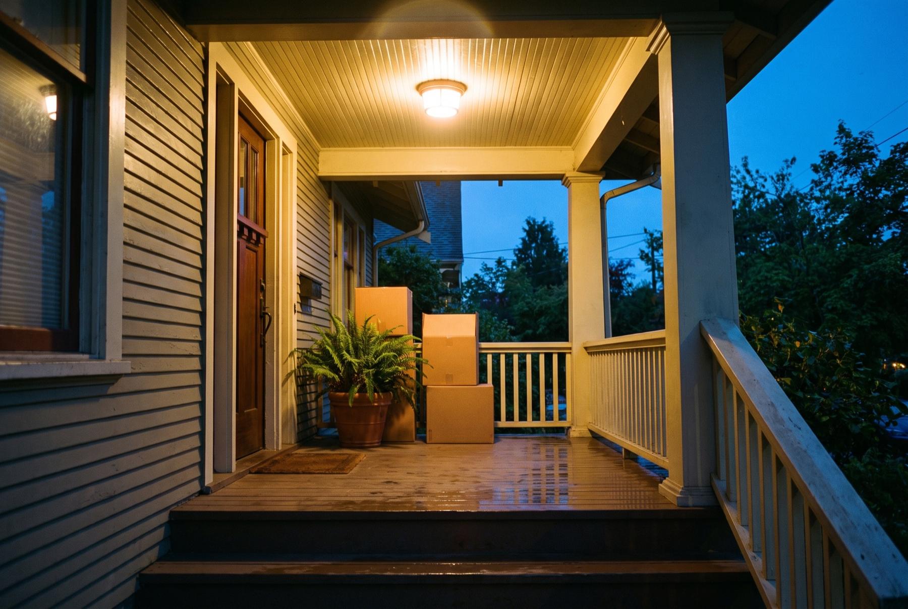 The deep front porch of an old Seattle house at dusk, the porch light on above a wooden door, plain moving boxes stacked beside a potted fern on rain-wet boards