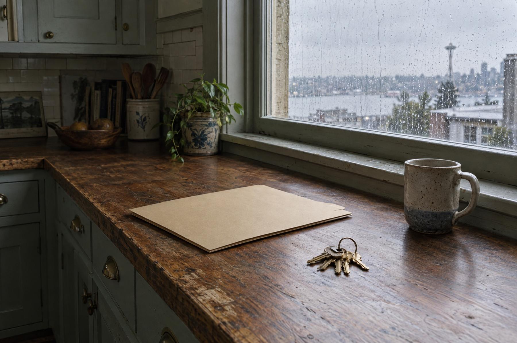 Brass house keys and a closed manila folder on a worn wooden kitchen counter, rain streaking the window beside it and a city skyline faint across the water