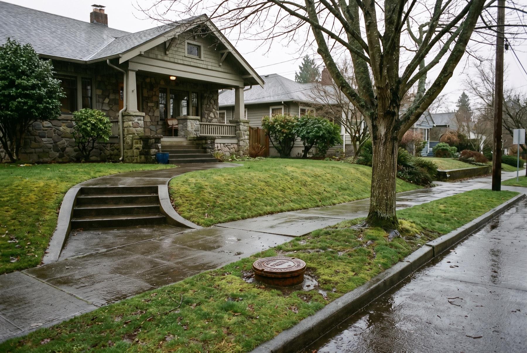 A 1920s craftsman bungalow with a stone porch above a sloped front lawn on a rainy day, a round sewer cleanout lid set in the planting strip beside the wet sidewalk