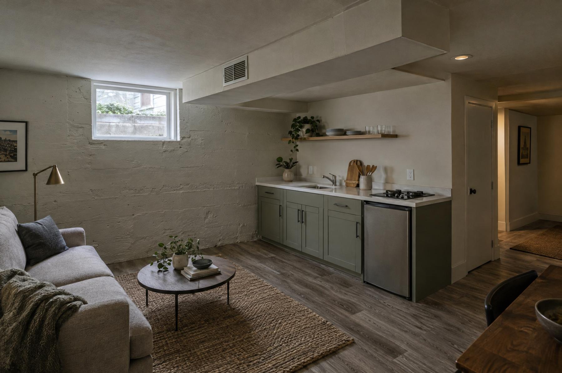 A converted basement apartment with a painted concrete foundation wall, one small high window, a boxed-in heating duct, a compact kitchenette and a sofa on vinyl plank floors