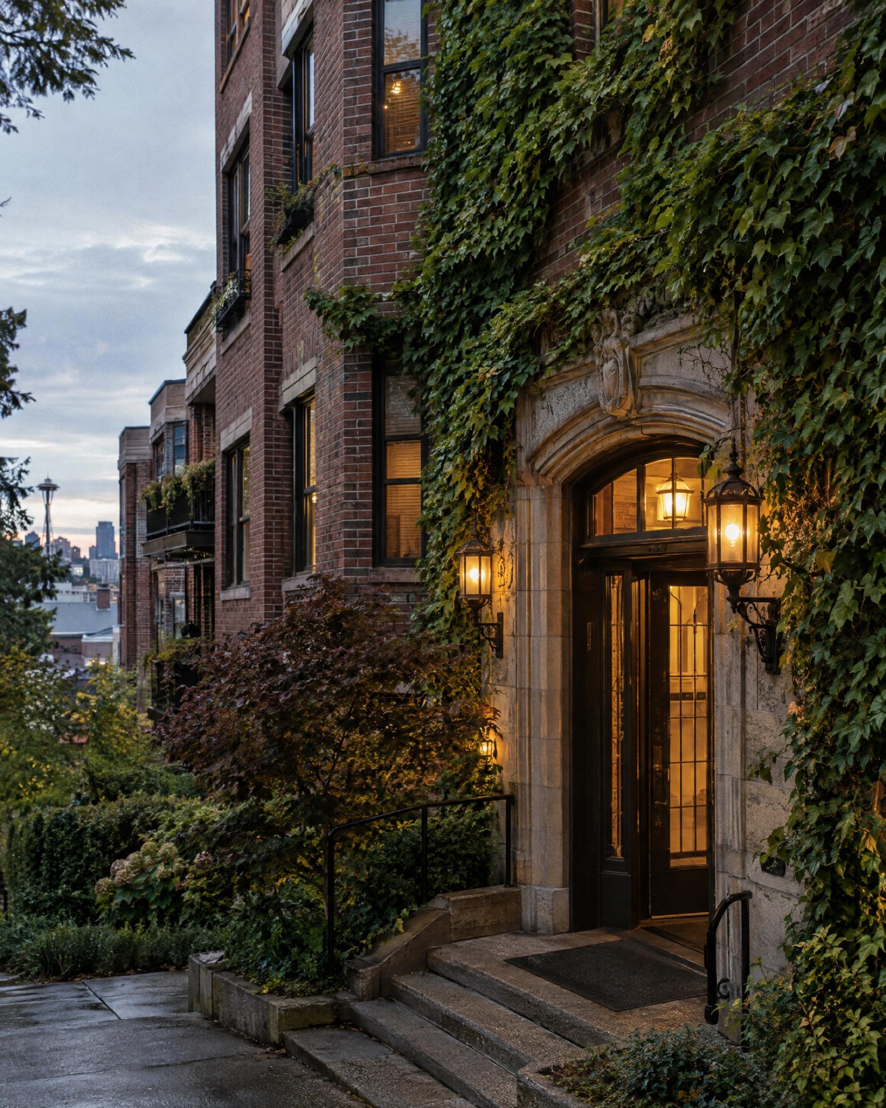 Ivy-covered brick apartment building with a carved stone arched entry, glowing lanterns beside the door and concrete steps at dusk