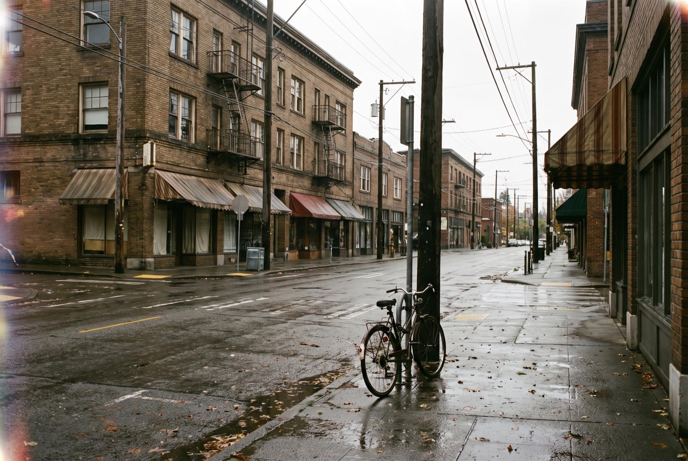 Old three-story brick buildings with striped storefront awnings and fire escapes on a rain-wet street corner, a bicycle locked to a pole on the sidewalk