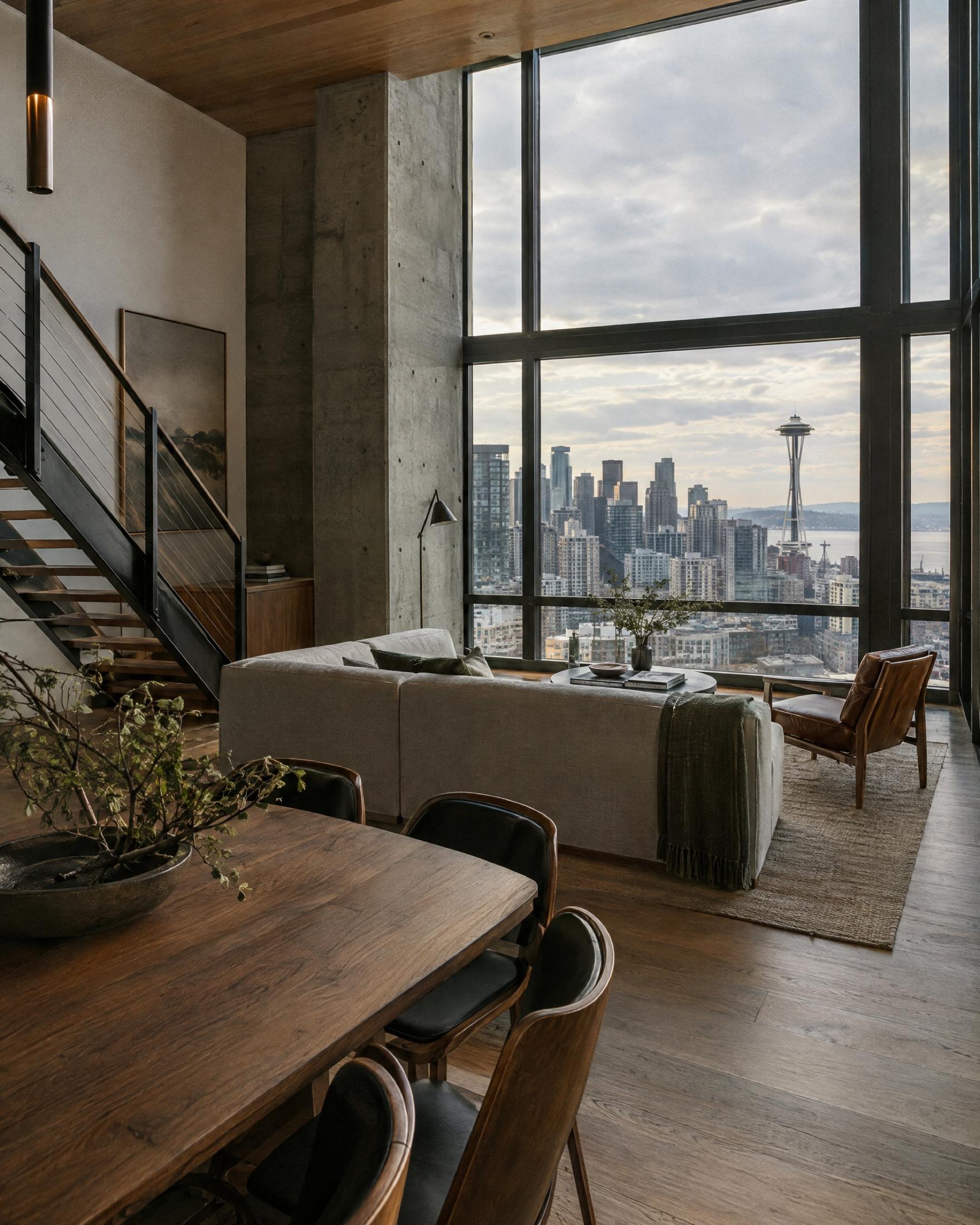 Double-height townhome living room with a board-formed concrete column, wood ceiling, steel stair and a wall of windows looking out at the Space Needle and downtown towers